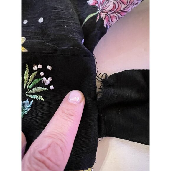 Vintage 90s Carole Little black floral kimono style shirt szS beaded bohemian - Picture 5 of 7